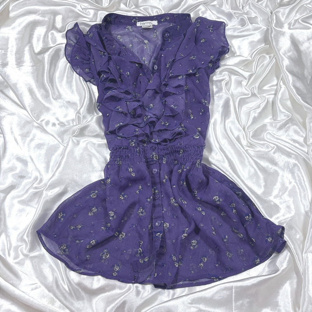 y2k Kirra Blouse Purple Excellent Floral Ruffle Smocked Waist Chiffon Top M